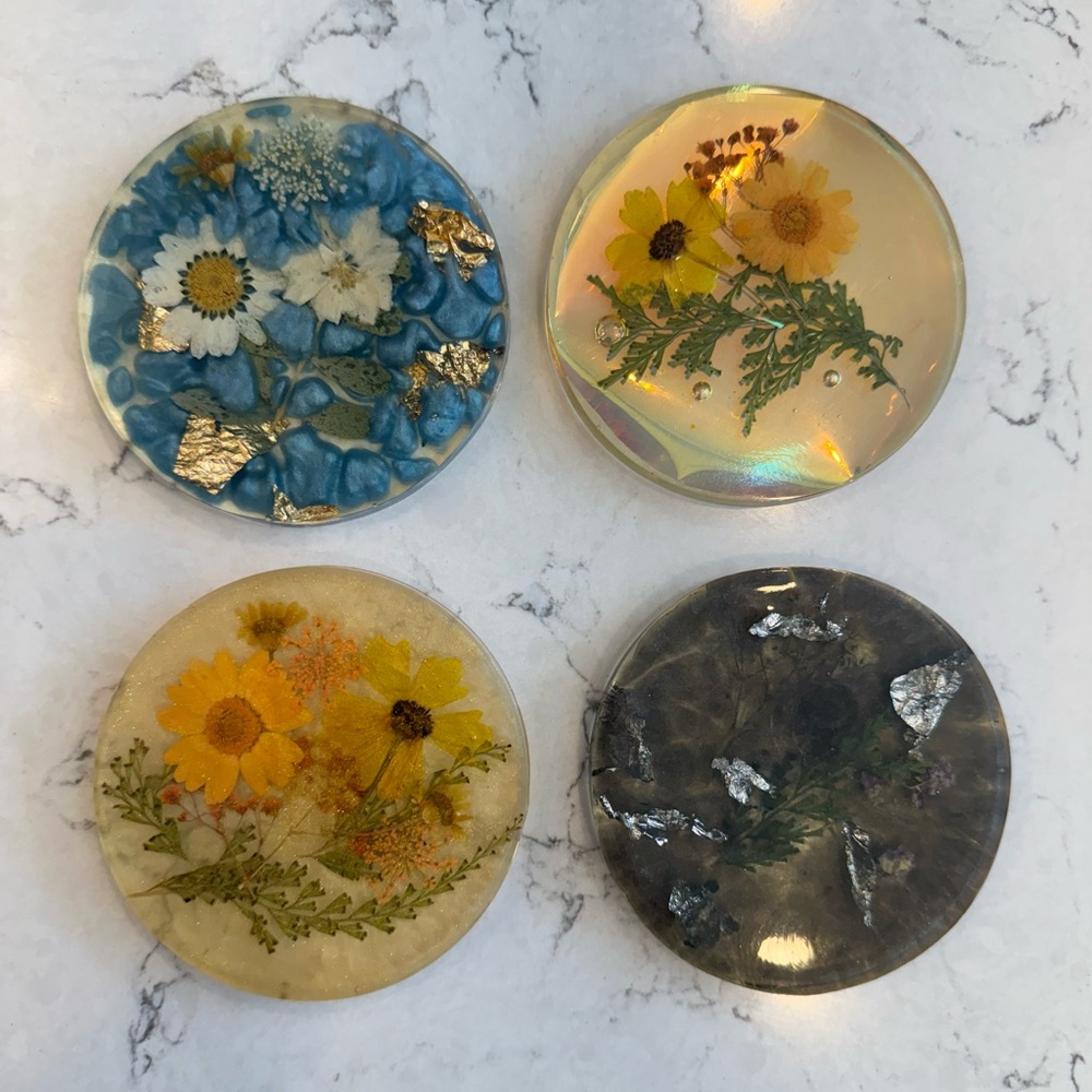 Handmade Resin Flower Pressed Gold Foil Whimsy Coaster Set 4pc